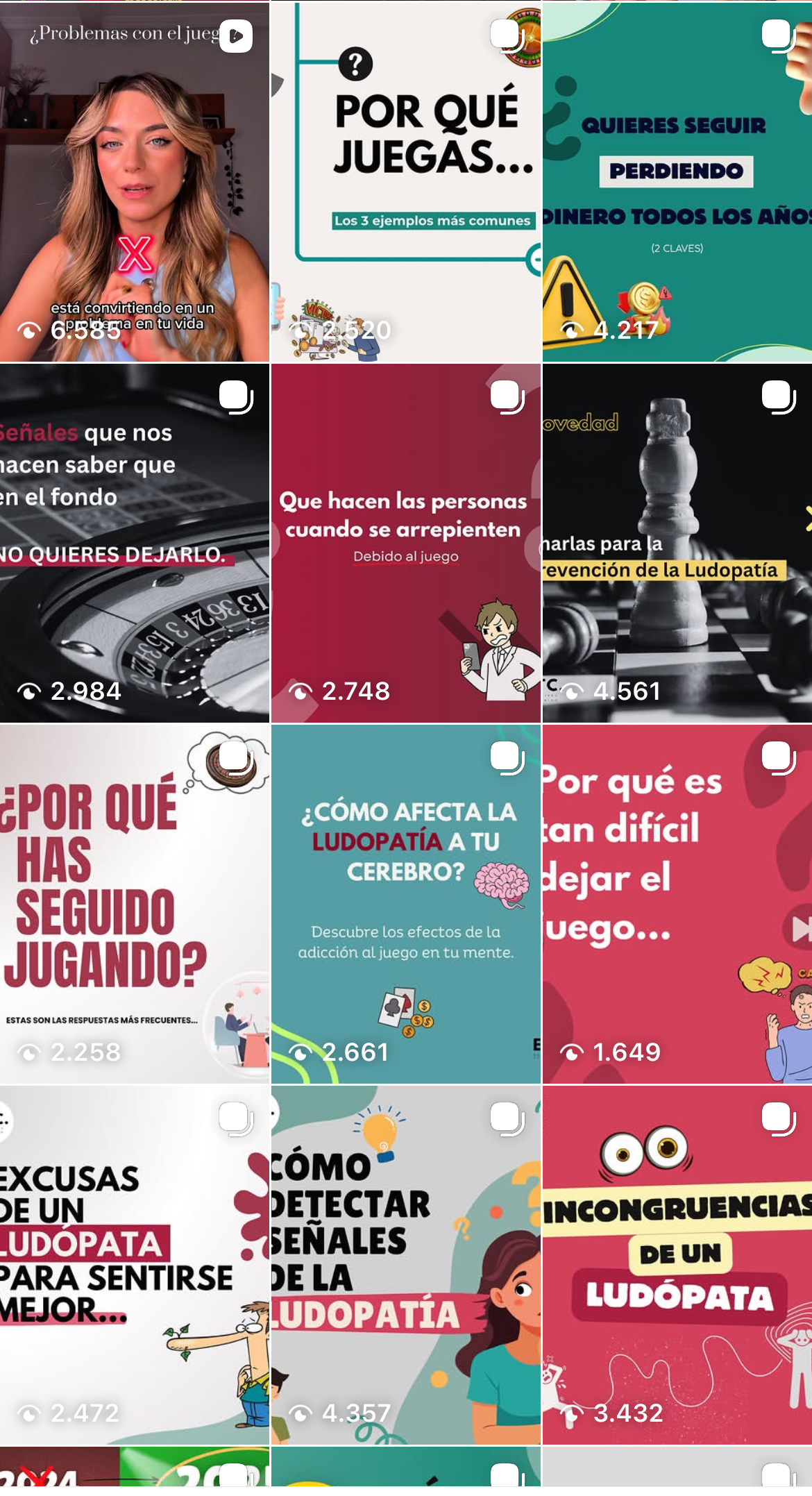 Feed de Instagram @equilibratucamino — contenido sobre ludopatía y adicción al juego